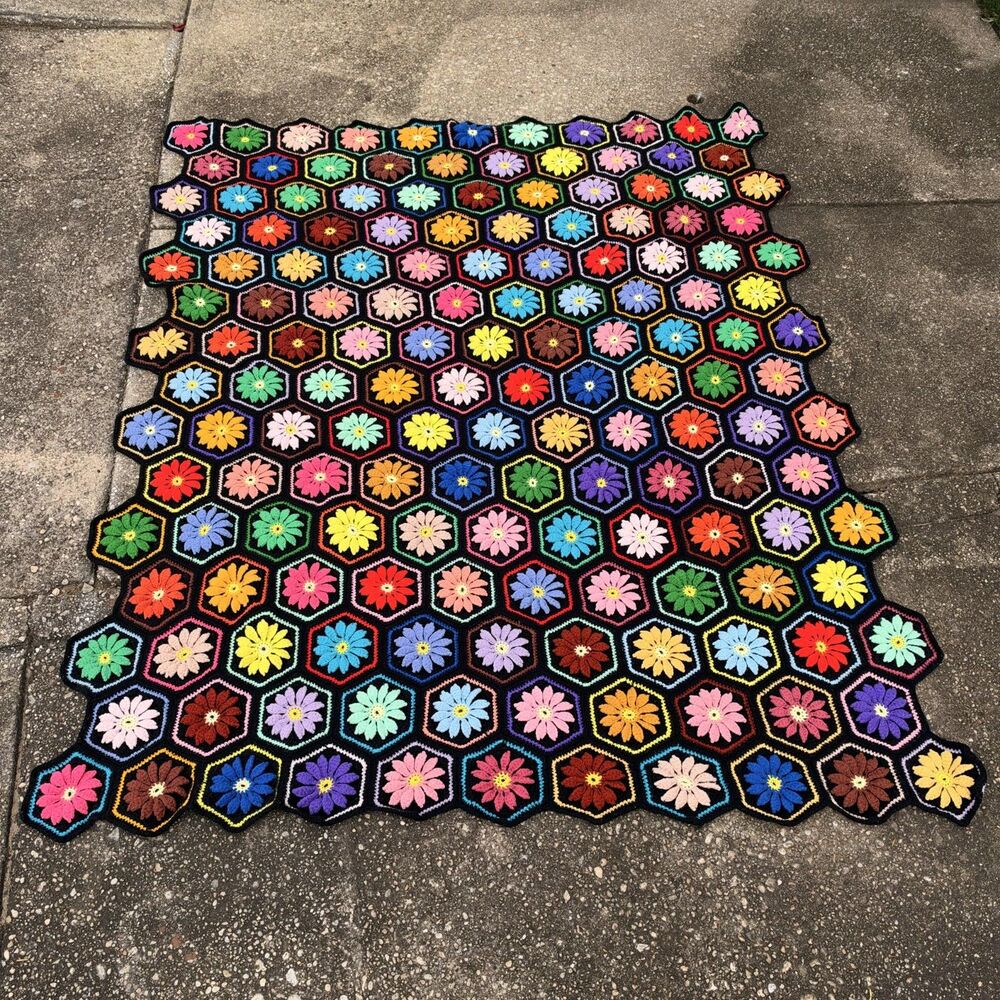 Vtg Granny Grandma 77x62 Afghan Flower Power Crochet Blanket Hexagon 70s